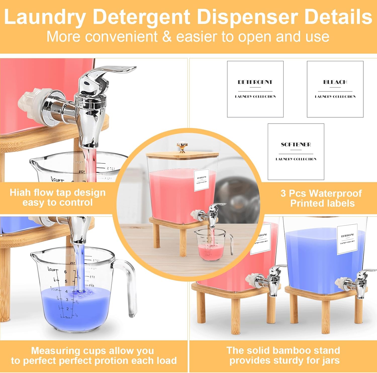 Containers for Laundry Detergent Liquid Dispenser with Stainless-Steel Tap Laundry Softener Dispenser, Liquid Soap Fabric Softener Container for Laundry Room (Square)