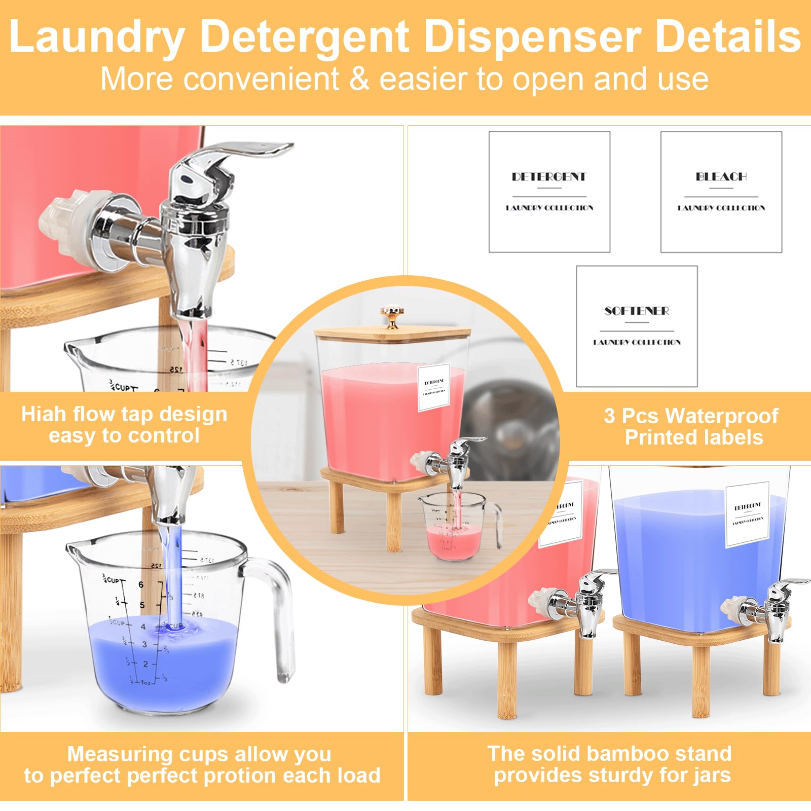 Distributeur Lessive Liquide avec Robinet, 3L Distributeur de Lessive Boîte de Détergent Boîte de Rangement pour Détergents avec Couvercle pour Eau de Javel, Adoucissant