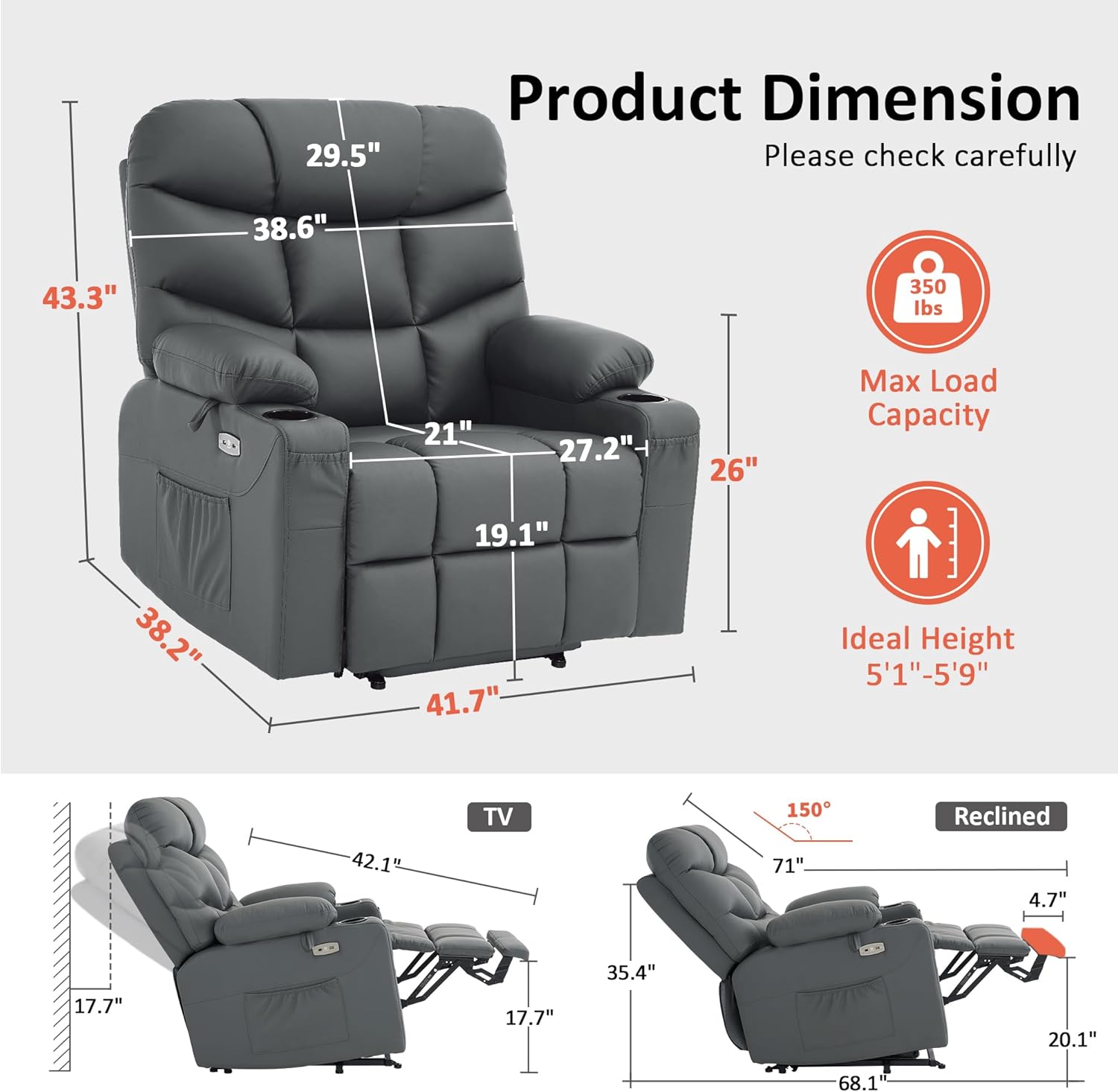 MCombo Oversized Power Lift Recliner Chair with Extended Footrest, Extra Wide for Big and Tall Elderly People, Faux Leather R7289 (Dark Grey, Medium-Oversize)