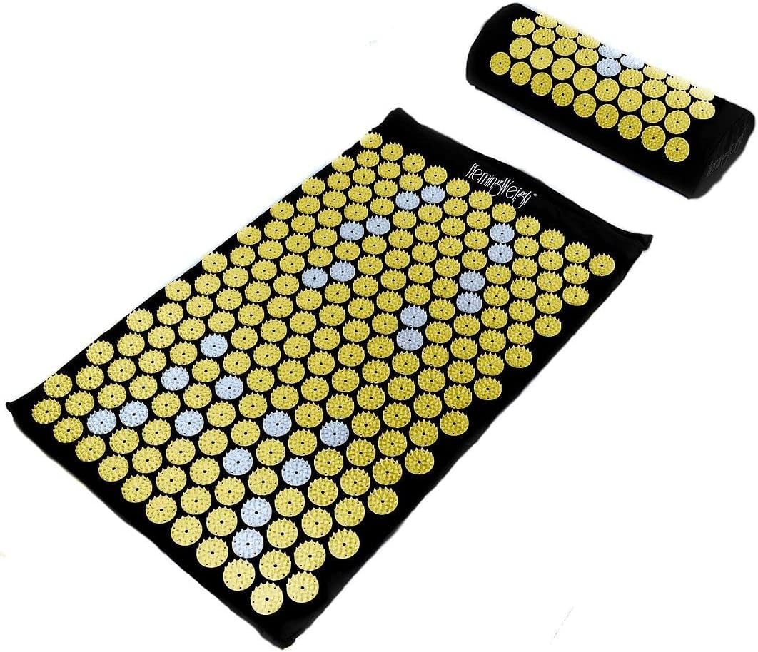 HemingWeigh Acupressure Mat and Pillow Set with Bag for Neck, Upper and Lower Back Pain Relief, Acupuncture Pad, Large Massage Acupressure Mat,Full Body Acupoint, Yellow