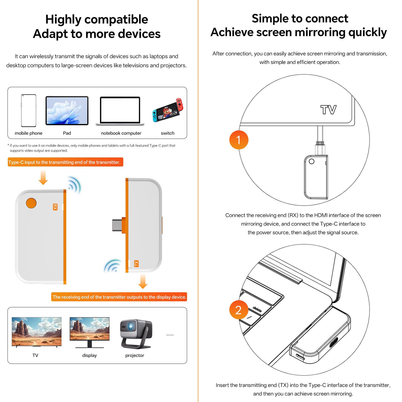 Elprico Trasmettitore e Ricevitore HDMI Wireless, Adattatore Display Wireless per Streaming 1080P 60Hz 5G per Smartphone Laptop Proiettori