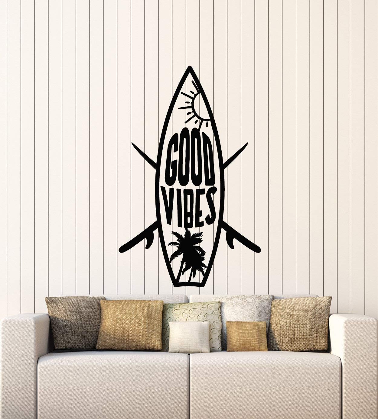 WallStickers4ever Vinyl Wall Decal Surfboard Good Vibes Inspiring Phrase Beach Style Stickers Mural Large Decor (g4702) Black