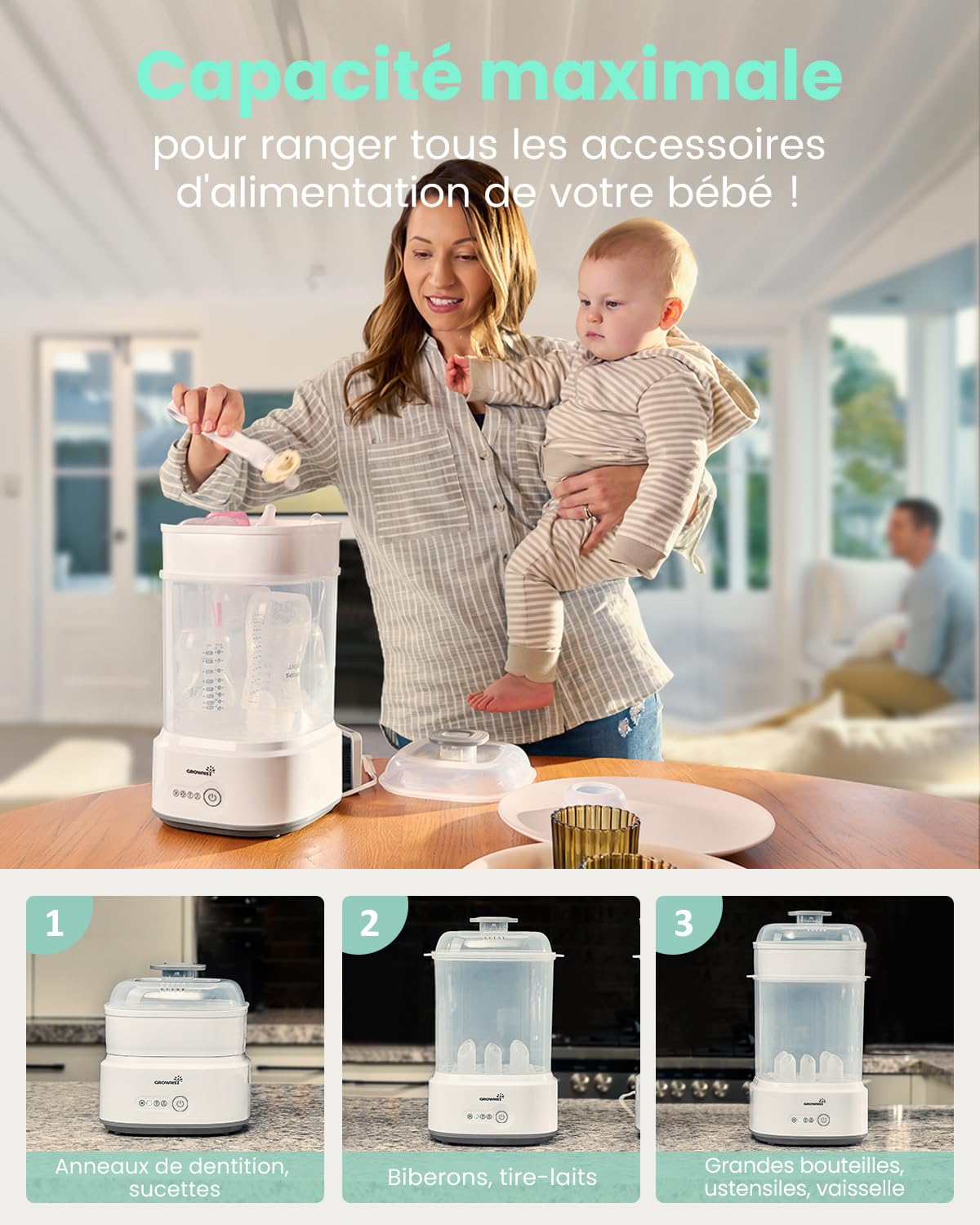 Grownsy Stérilisateur Biberon avec Séchage, Stérilisateur Électrique à Vapeur Compact pour Biberons, Tétines, Pièces de Tire-lait