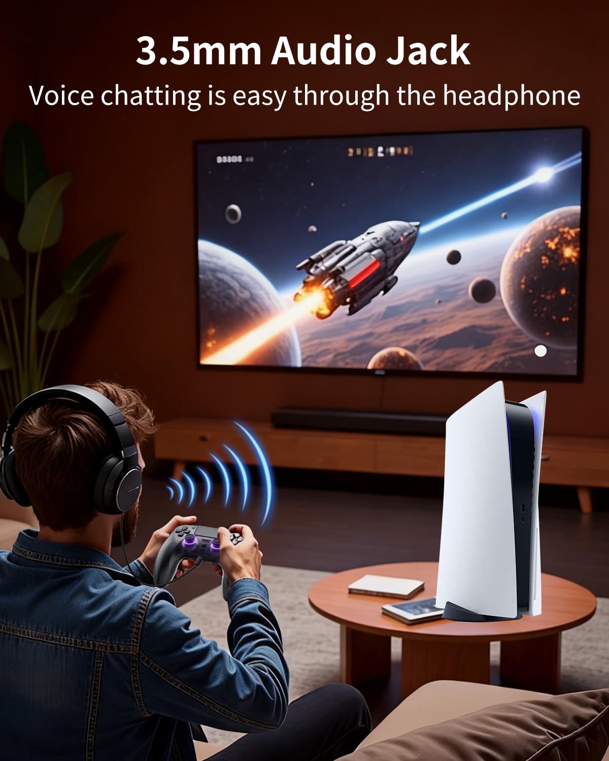 Black Wireless Controller Compatible for PS-5/Pro/Slim/PC, Gradient Color RGB mode/haptic feedback/1000 mAH battery/Motion Sensing/3.5mm Audio Jack