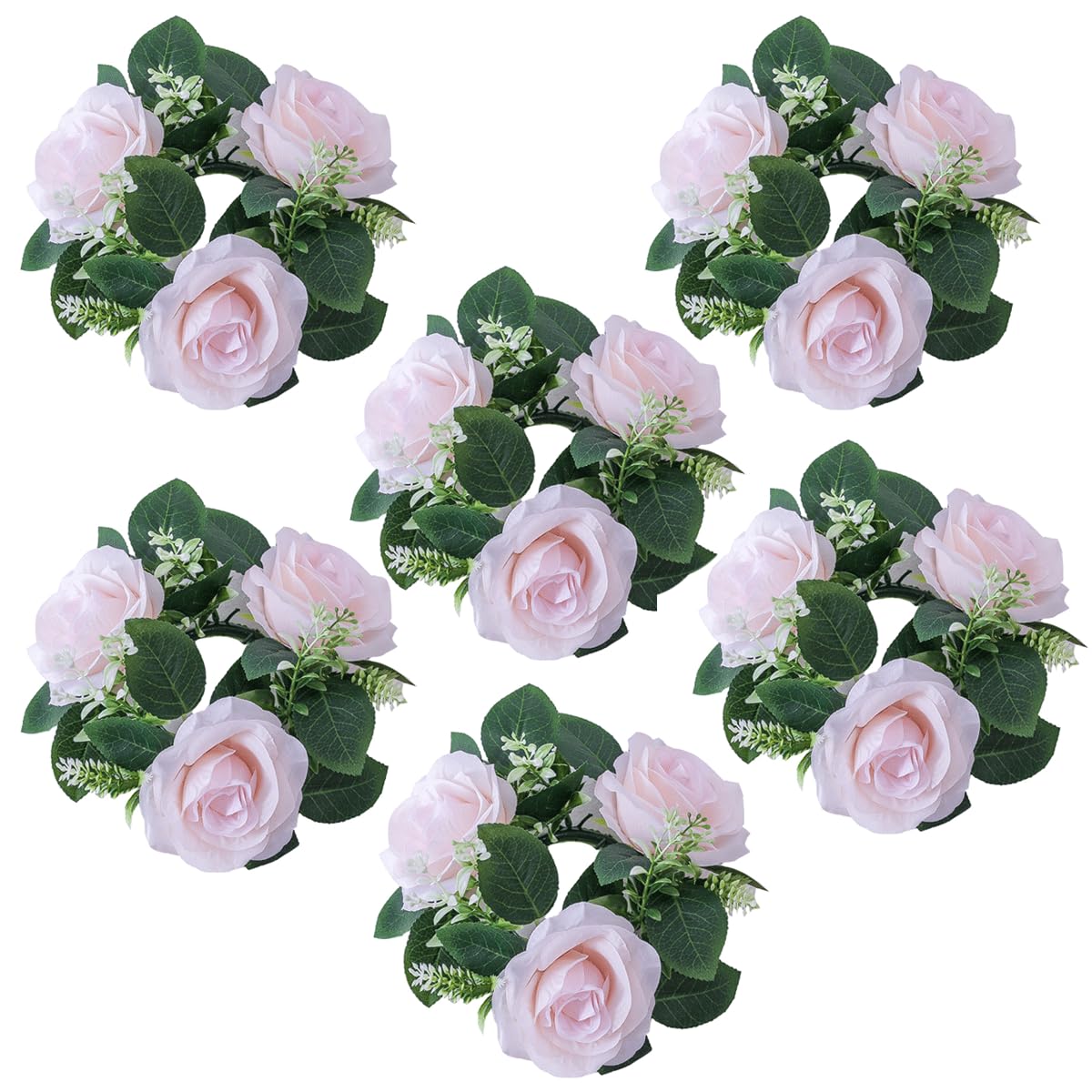 Ewanda store 6 Pcs Candle Ring Wreaths Rose Floral Flower Ring Wreaths Pillar Candle Holders for Wedding Valentine's Day Table Decoration Party Decorations,Light Pink
