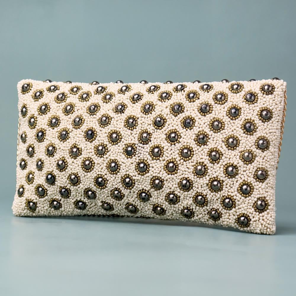 Indian Shelf Handmade Gold Sling Bag & Clutch – Beads and Cotton | Ethnic, Beaded, Party Wear, Bridal, Designer, Festive, Gift Purse for Women