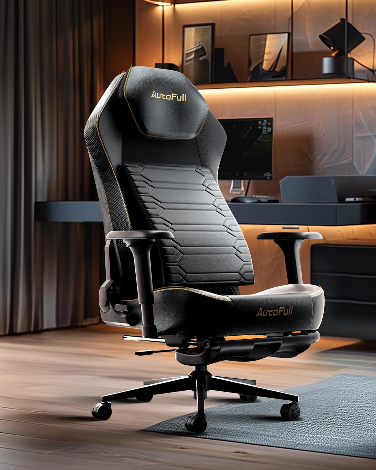 AutoFull M5 Gaming Chair, Improved Backrest, Wide Seat, Elevated Headrest, Office Chair, High Quality PU Leather, Automatic Tracking Lumbar Support, 4D Armrest, Chair, Telework, Game Chair, PC Chair,