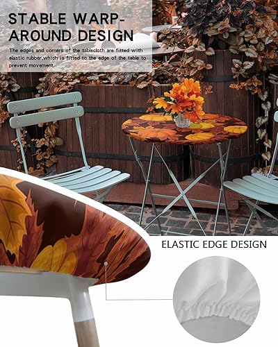 Miniatura 5 de Mantel redondo ajustable con diseño de hojas de arce y calabaza de otoño, mantel con borde elástico, impermeable, mantel circular de cosecha de