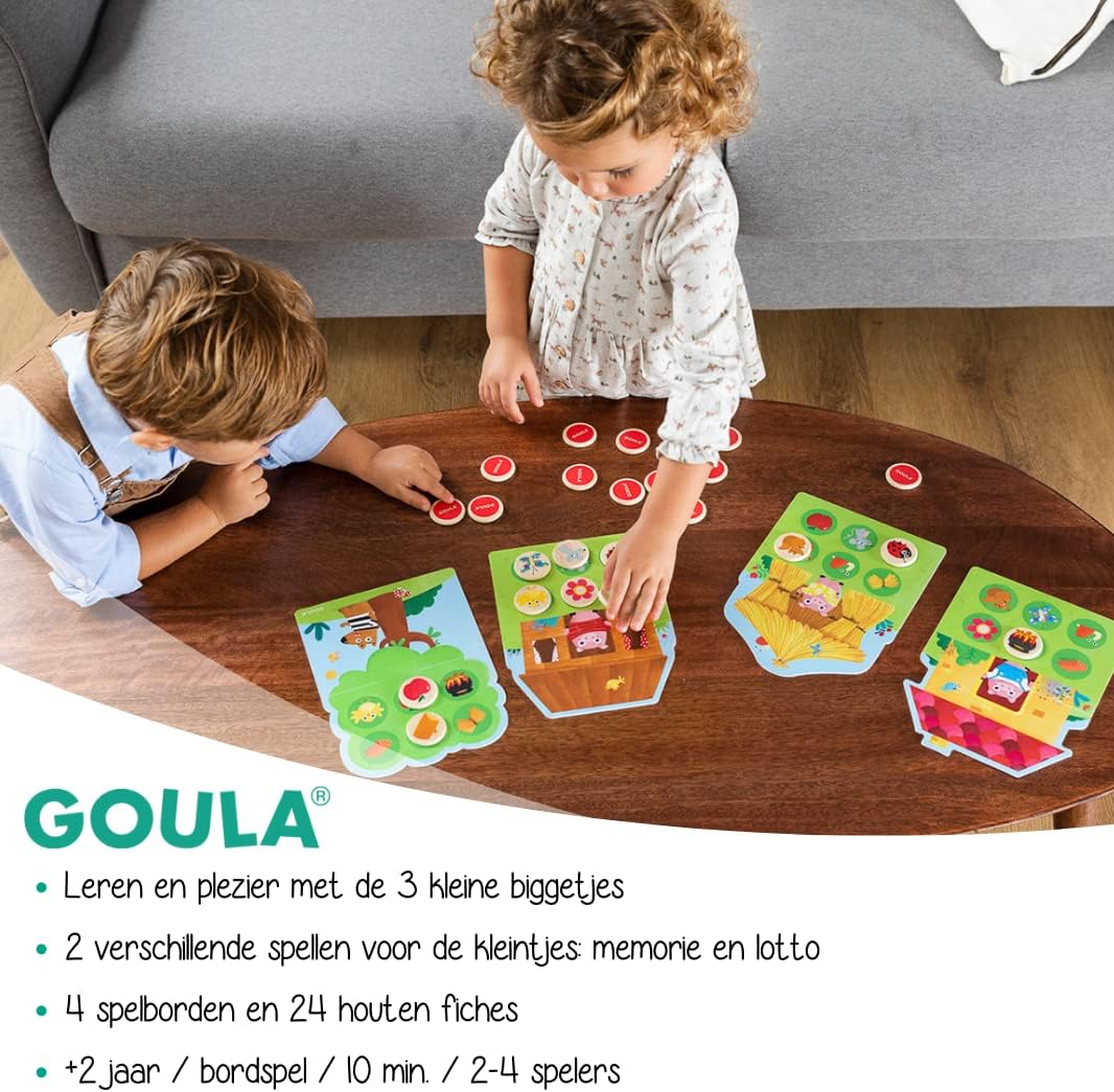 Goula The 3 Little Pigs Memo & Lotto game components including four puzzle boards and 24 wooden tokens.
