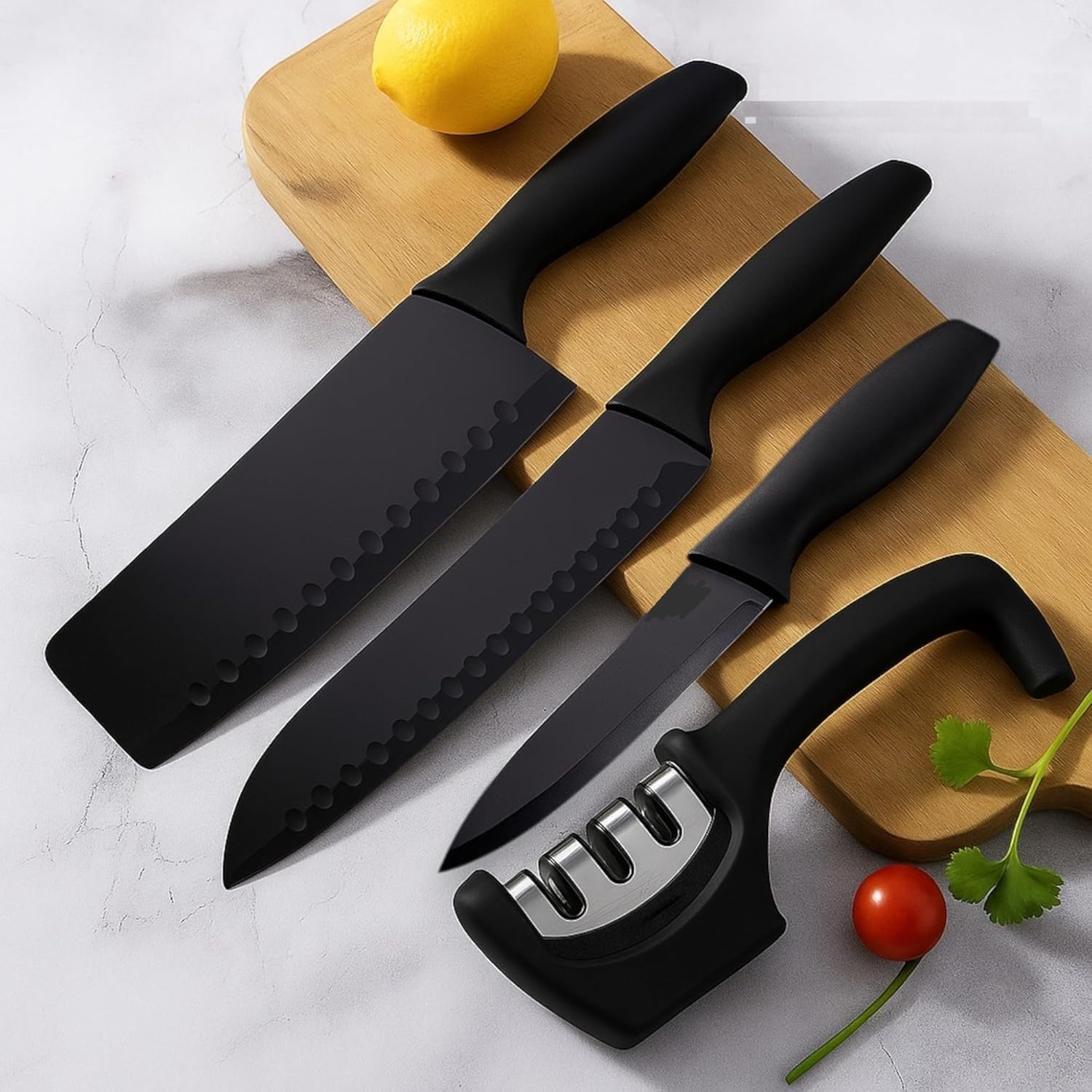 Stainless Steel Kitchen Knife Set with Sharpener (3+1 Pcs) | Professional Kitchen Knives, Vegetable Knife Set for Home & Restaurant | Chef, Cleaver, Utility (3 pcs Knife Set & Sharpener)