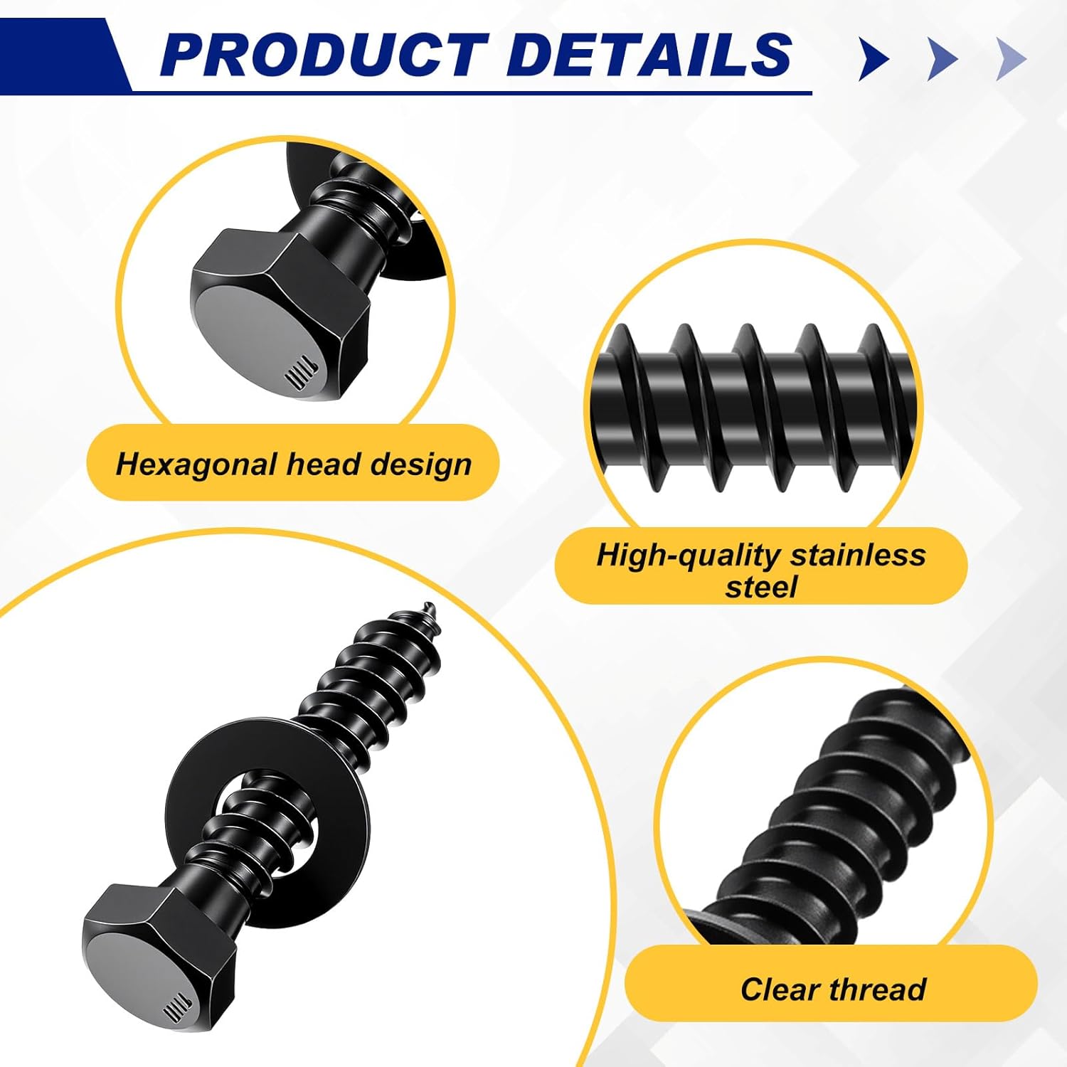 Zonon 50 Pcs 3/8'' X 2'' Inch Hex Lag Bolts 304 Stainless Steel Black Lag Screws 50 Screws and 50 Washers Industrial/commerical Grade