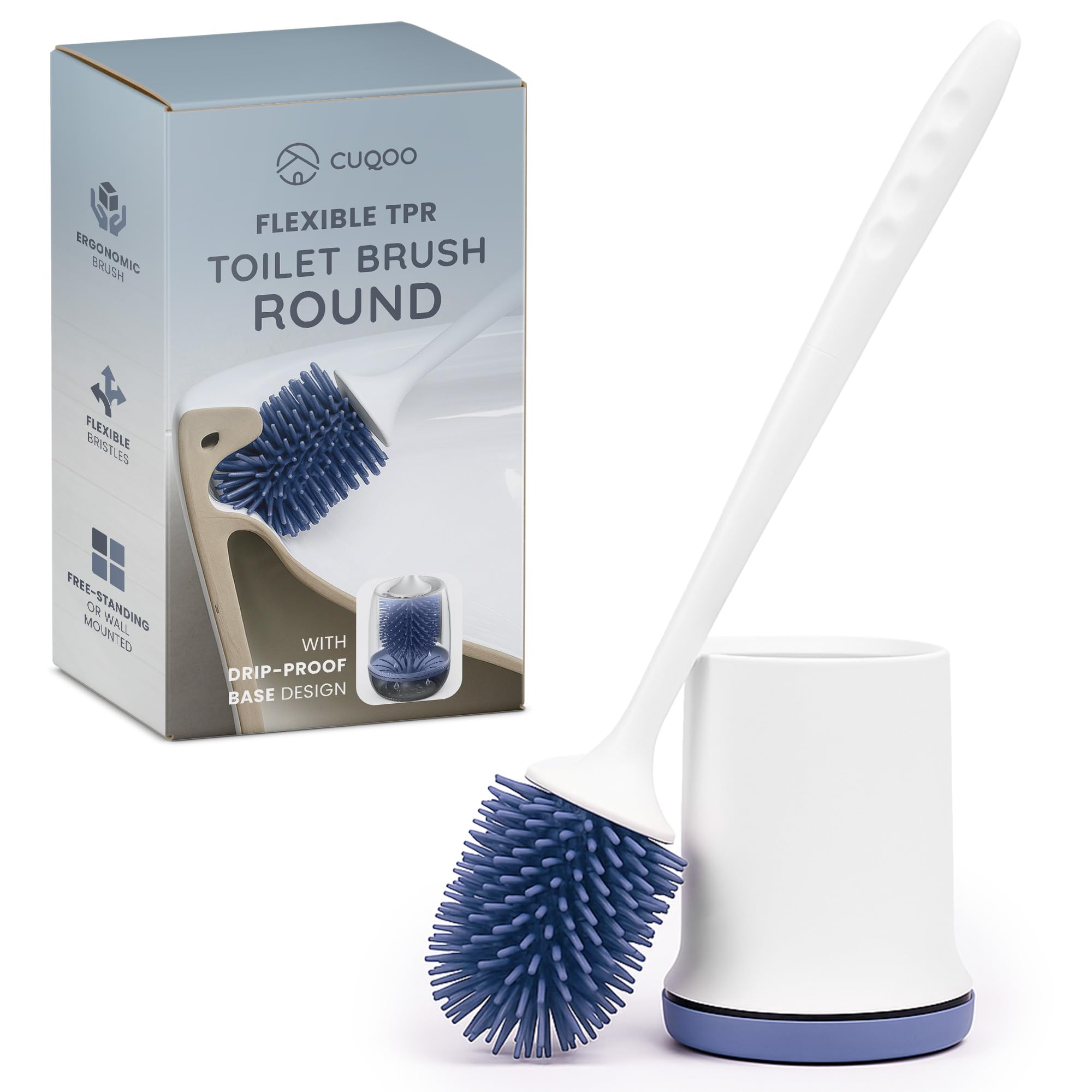 CUQOO Silicone Toilet Brush and Holder Set – Round Loo Brush with Wall Mounted Holder, Flexible Rubber Bristles & Quick Dry Design for Bathroom Cleaning