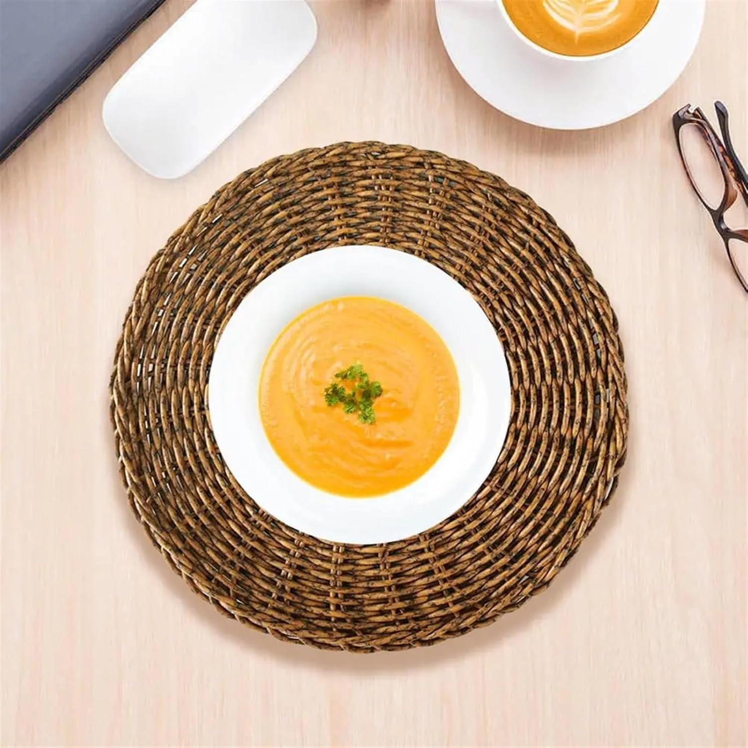 Table Placemat Heat Insulation Non-Slip Anti-Scald Cup Coaster Hand Woven Round Imitation Rattan Insulation Pad for Dining Table(Black Coffee,30cm)