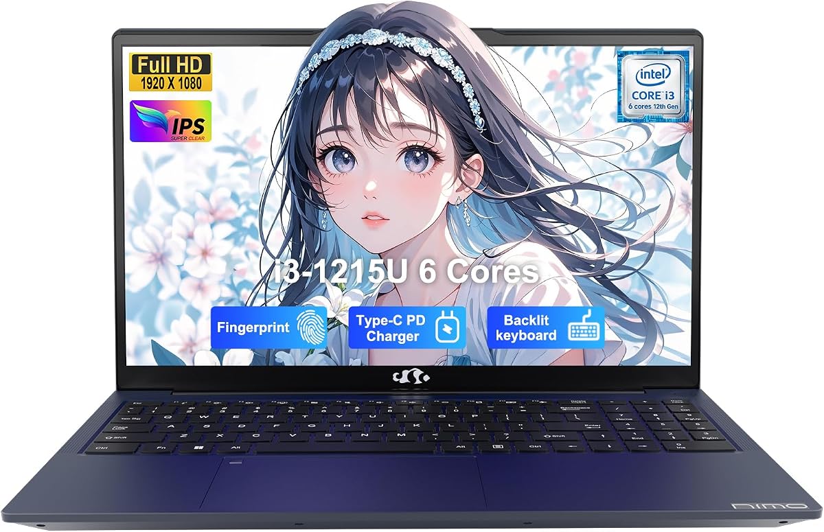 NIMO 15.6" IPS FHD-Laptop-Estudiante, Intel 6 Cores I3-1215U (Hasta 4.4GHz, Beats R5 7520U) 8GB RAM 128GB SSDComputadora con Teclado Retroiluminado Tipo C de 65W Huella Dactilar, para Hogar y Negocios
