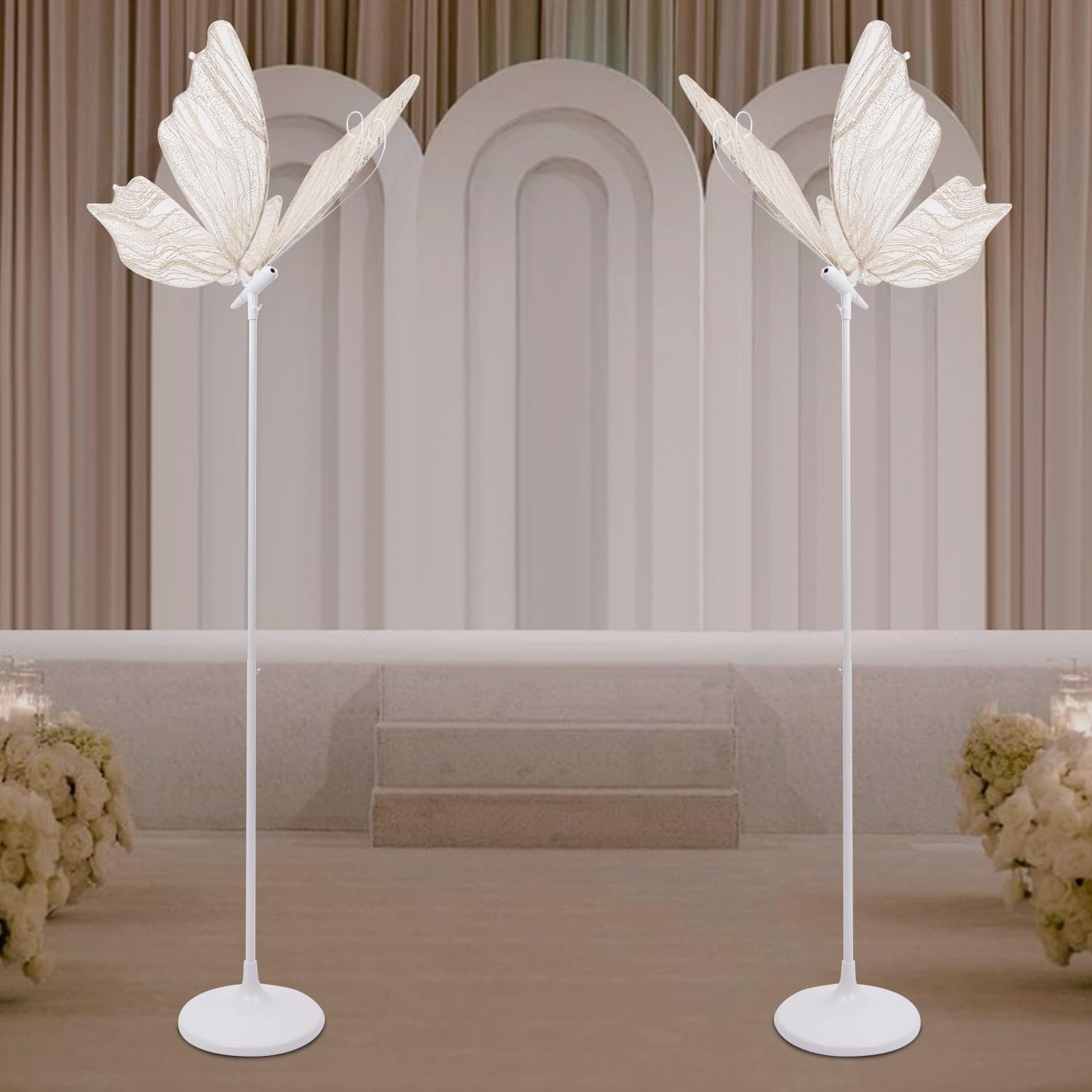 banborba Wedding Butterfly Floor Lamp, Creative Butterfly Ceiling Light, Adjustable Height LED Butterflys Lights, Romantic Hanging Decoration Props for Wedding Party Events - 2Pcs/White Light