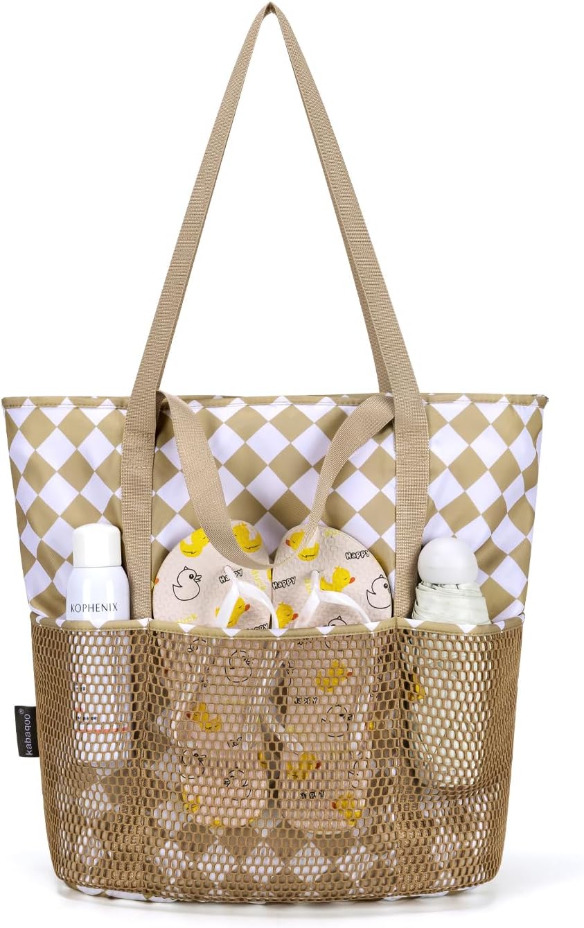 KABAQOO Large Beach Bag Waterproof Sandproof Tote Bag for Women with Zipper & Mesh Pockets for Pool Swim Travel Everyday