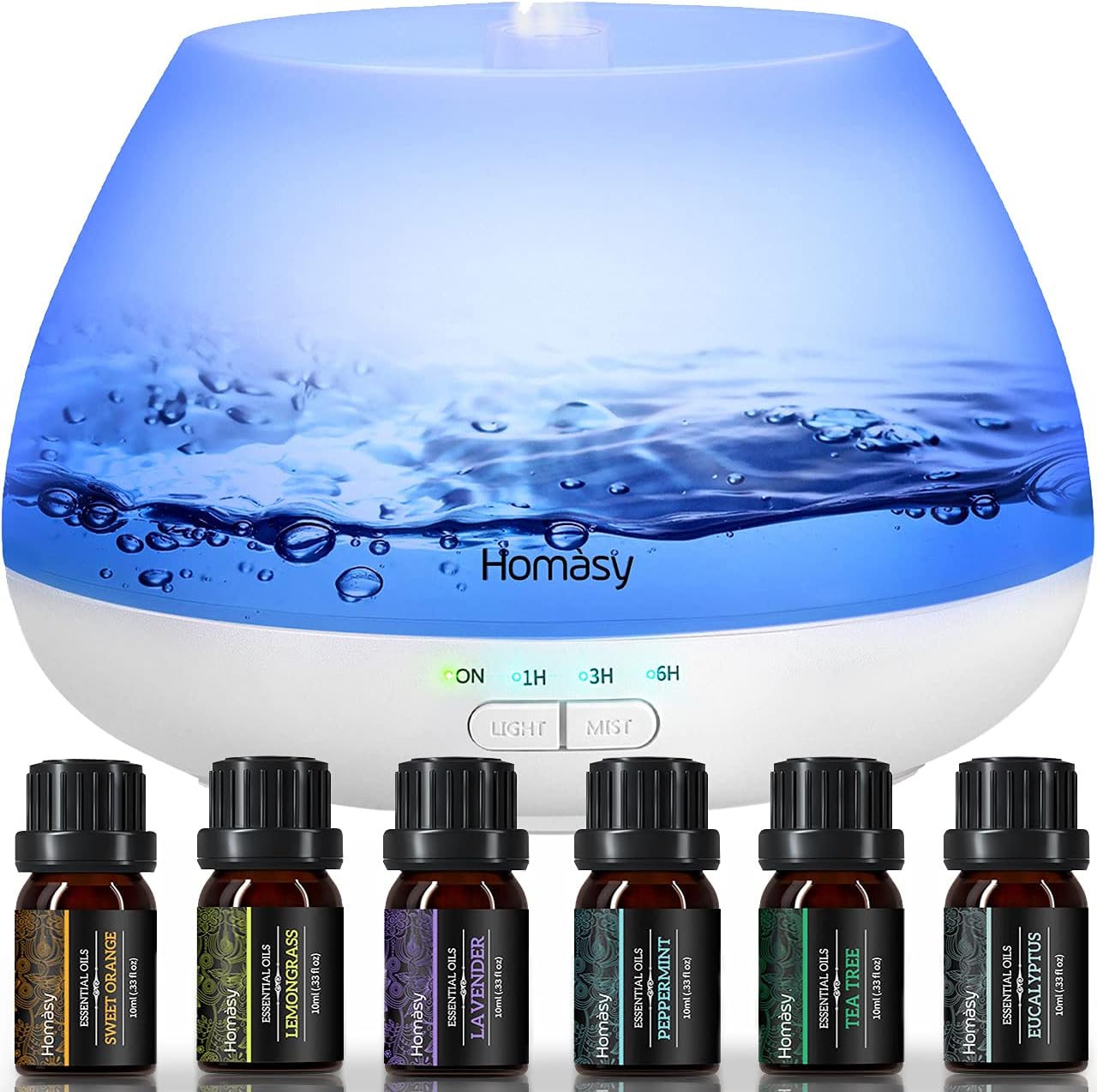 Homasy 500ml Diffuser with Essential Oils Set, 8 Color Lights and 23dB Super Quiet Aromatherapy Humidifier with TOP 6 Pure Aroma Scents and 3 Timers for Bedroom Home,White