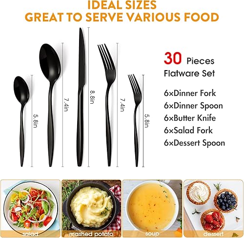 Miniatura 3 de Juego de cubiertos negros, 30 piezas de cubiertos de acero inoxidable para 6, utensilios esenciales para la familia, cubiertos pulidos con espejo