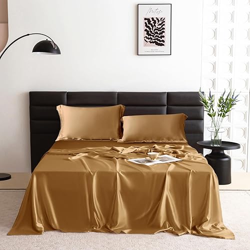 THXSILK Juego de sábanas de seda de 4 piezas, juego de sábanas de tamaño matrimonial, 22 sábanas de seda Momme 7A+, sábanas suaves y transpirables