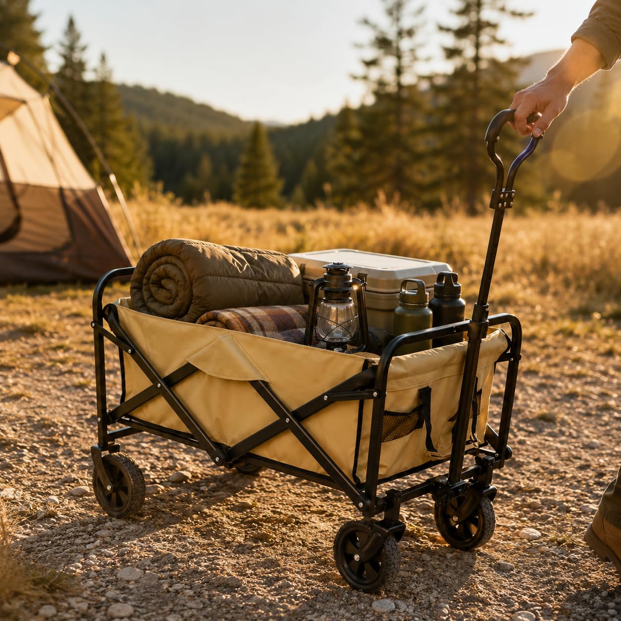 KOMBO - Carrello Pieghevole - Portata 120 Kg, 58 Litri - Telaio Acciaio Q195, 4 Ruote Ø125mm di cui 2 Pivottanti, Manico Telescopico 4 Altezze, per Campeggio Picnic Spesa Giardino e Animali
