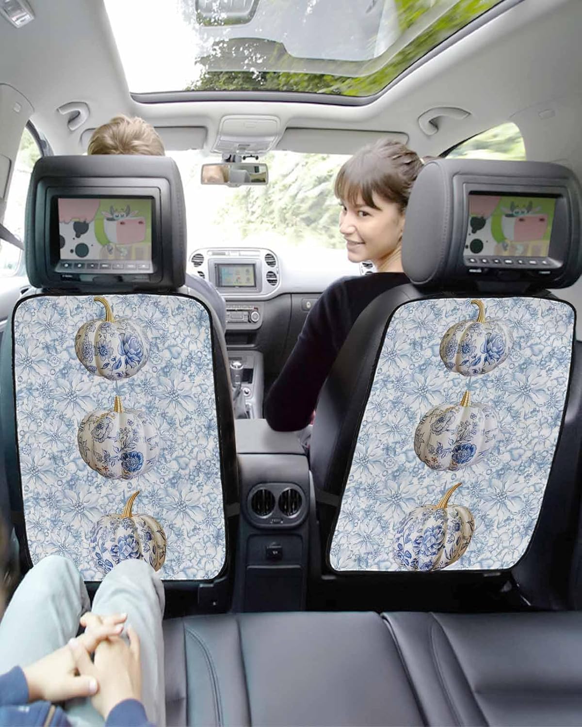 Car Seat Protector, 2 Pack Kick Mats Back Seat Protector Fall Thanksgiving Pumpkin with Blue White Porcelain Watercolor Floral Backseat Cover for Universal Fit Automotive Interior Protectors