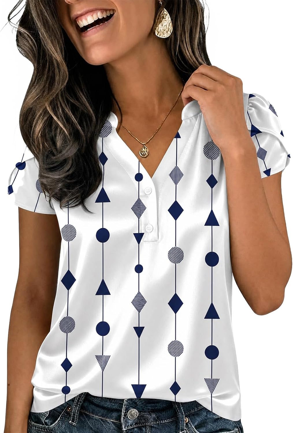 Yousify Women Satin Blouse for Women Business Tops Cap Sleeve V Neck Outfit Tshirt Silk Shirt Summer Clothes