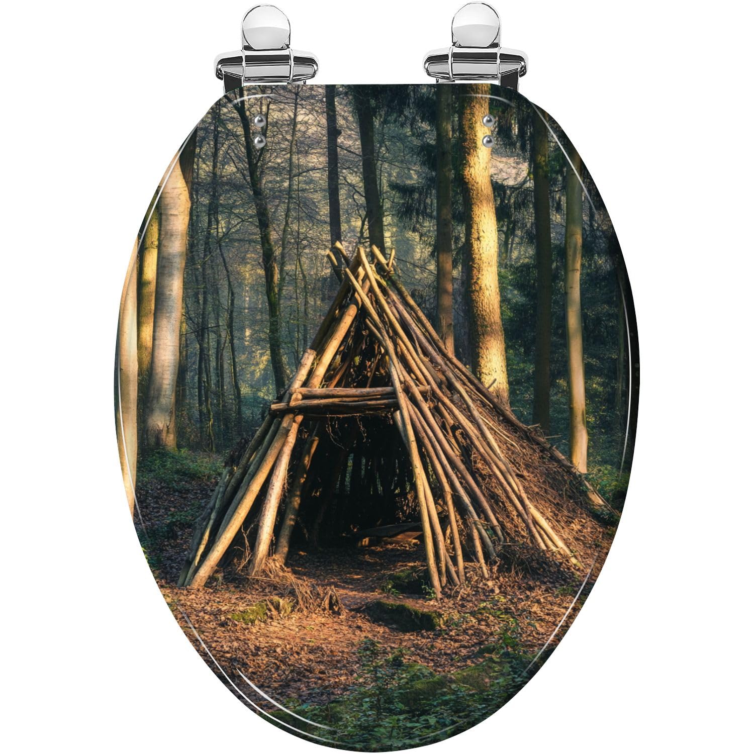 Elongated Toilet Seat Camping hut out tree branches forest sunny Spring afternoon Resin Toilet Seat Slow Quiet Close with Quick-Release Hinges Toilet Seat with Cover Easy to Clean Install