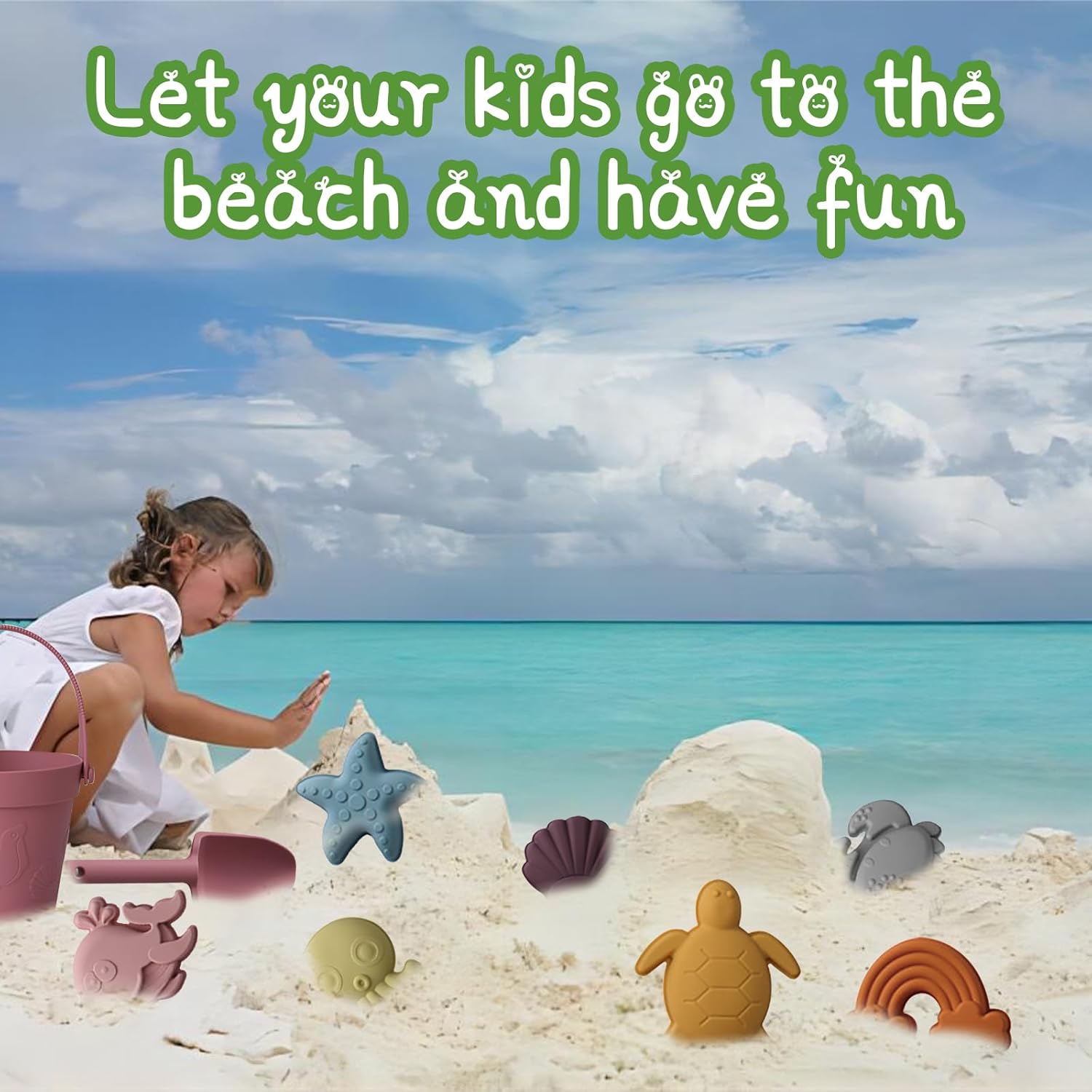 RoseFlower Silicone Sand Toys Set for Toddlers, Portable Travel Beach Sand Toys with Collapsible Bucket, Shovel, 8 Molds Dolphins, Starfish, Turtles & Mesh Storage Bag for Kids, Summer Gift-Pink