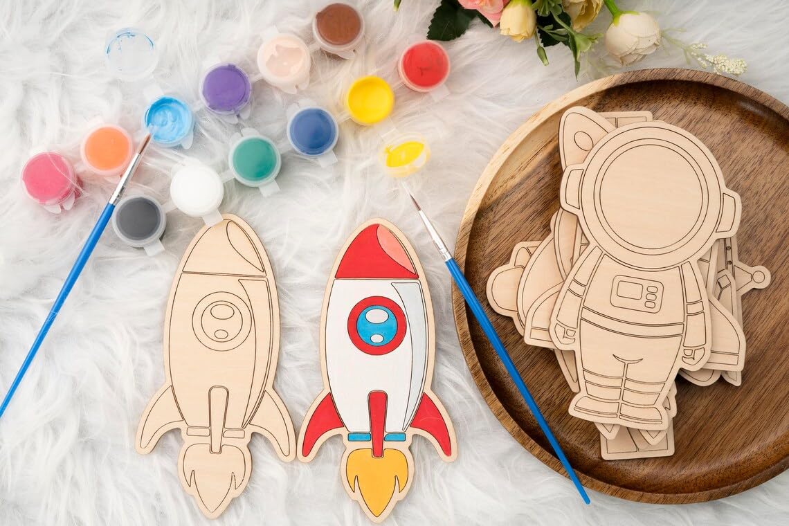 American Elm Set of 10 DIY Wooden Space Astronaut Painting Kit for Kids - Creative Wooden Toys DIY Craft Unfinished Space Figures DIY Wooden Crafts for Kids Art