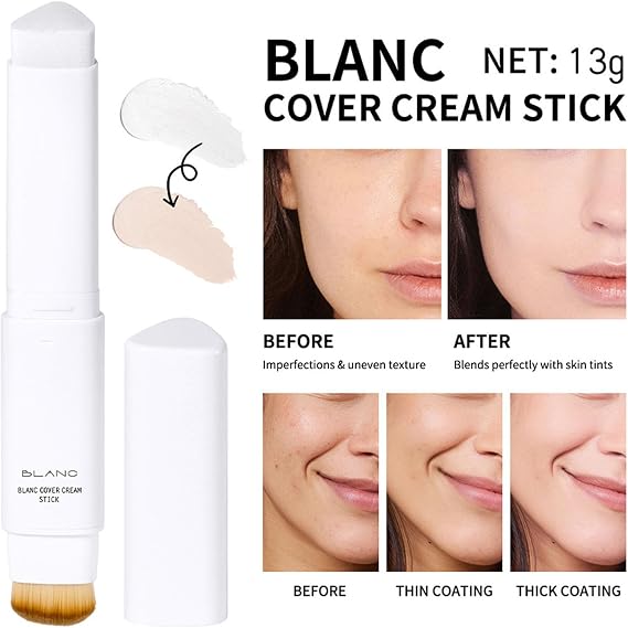 Colour Changing Foundation Stick 2-in-1 Hydrating Matte Coverage - Dual-Ended Cream with Built-in Brush for All Skin Types, Lightweight & Long-Lasting Pore-Blurring Non-Caking Formula (Tan)