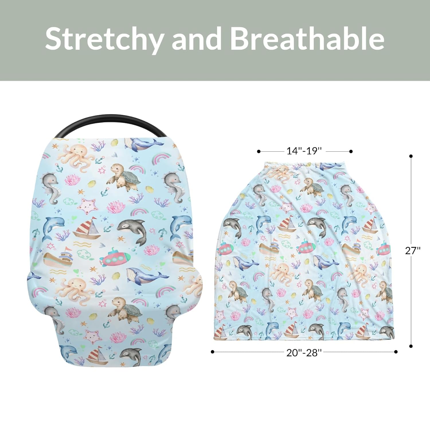 Cute Sea Animals Car Seat Cover for Baby Turtle Whale Dolphin Starfish Coral Rainbow Stretchy 5-in-1 Cover Marine Adjustable Car Canopy Cover Ocean Animal Breathable Nursing Cover-Up Blue