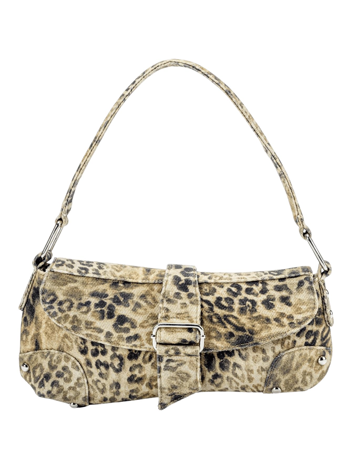 QWINEE Women's Y2K Leopard Print Shoulder Bag Denim Handbags Retro Cheetah Purses Top Handle Buckle Clutch Underarm Bag