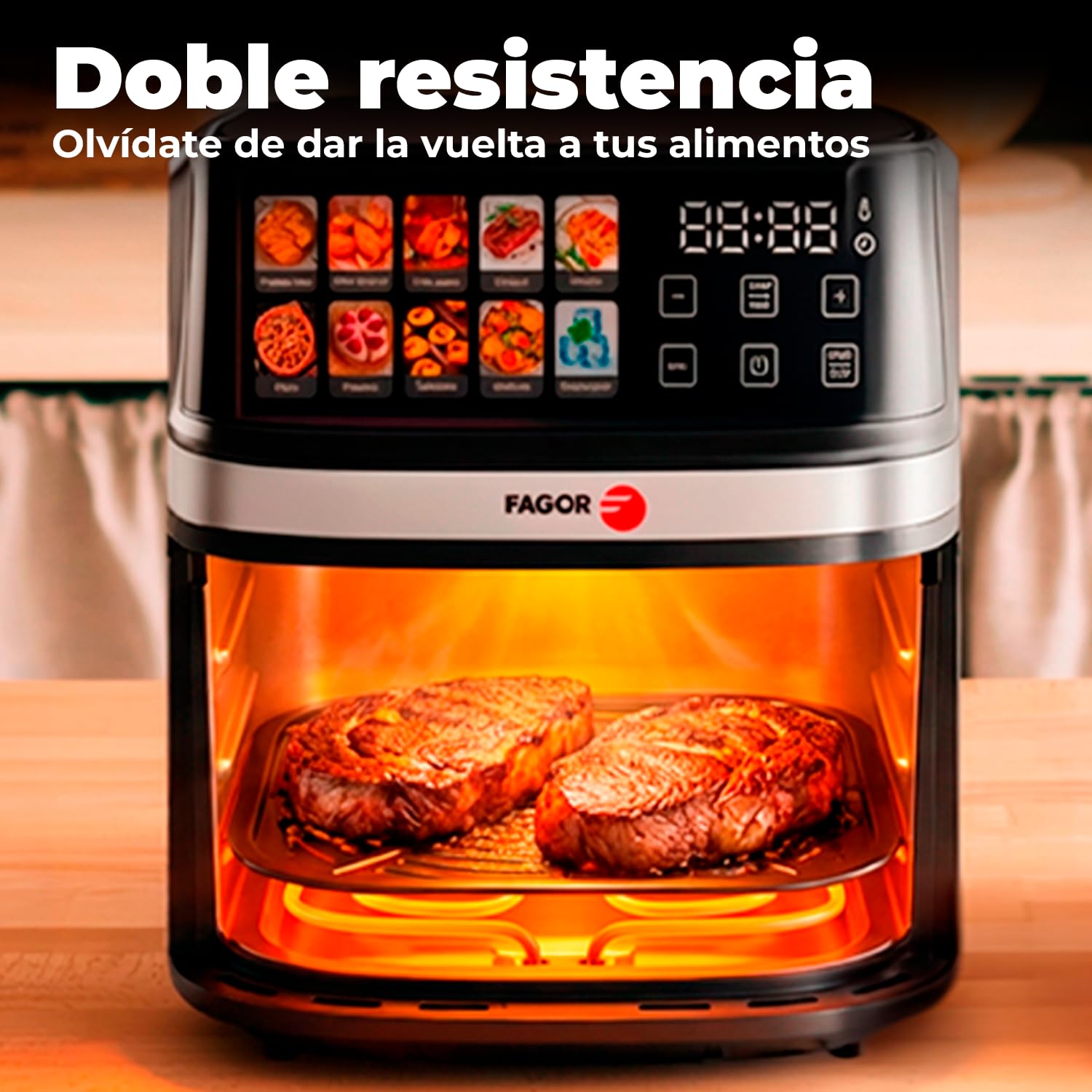 FAGOR Naturfry Luxe Freidora de Aire 8L 2200W - Air Fryer Doble Resistencia (Dual Heat) Sin Girar Alimentos, Pantalla Táctil 10 Programas, 80-200ºC, Gran Capacidad Familiar, Libre de BPA, Negro
