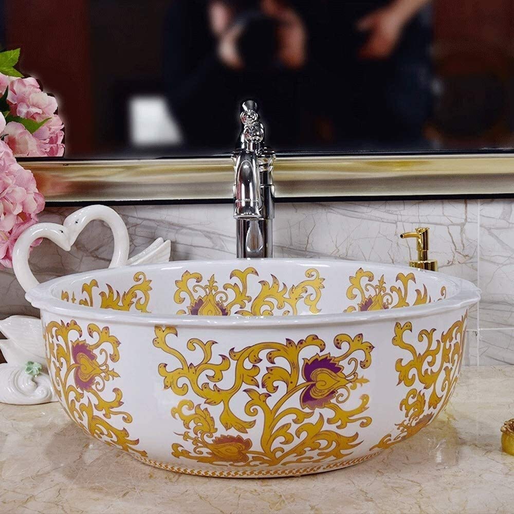 Szafka Pod Umywalkę Z Umywalką, Umywalka Łazienkowa, Umywalka Nablatowa, Ceramiczna Umywalka Łazienkowa W Stylu Vintage, Okrągła, Biała, Porcelanowa, Ręcznie Malowana