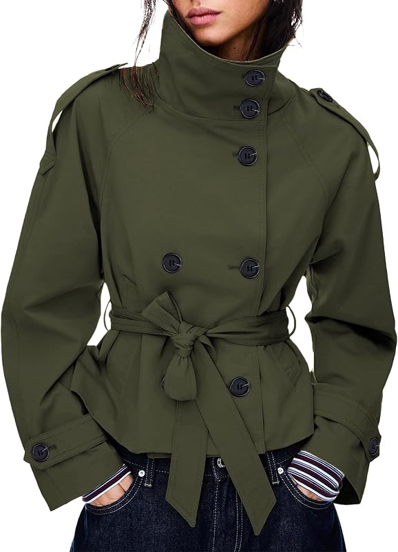 Women's Cropped Trench Coat Double Breasted Short Jacket High Collar Fall Winter Coats Trendy Outfit with Belt