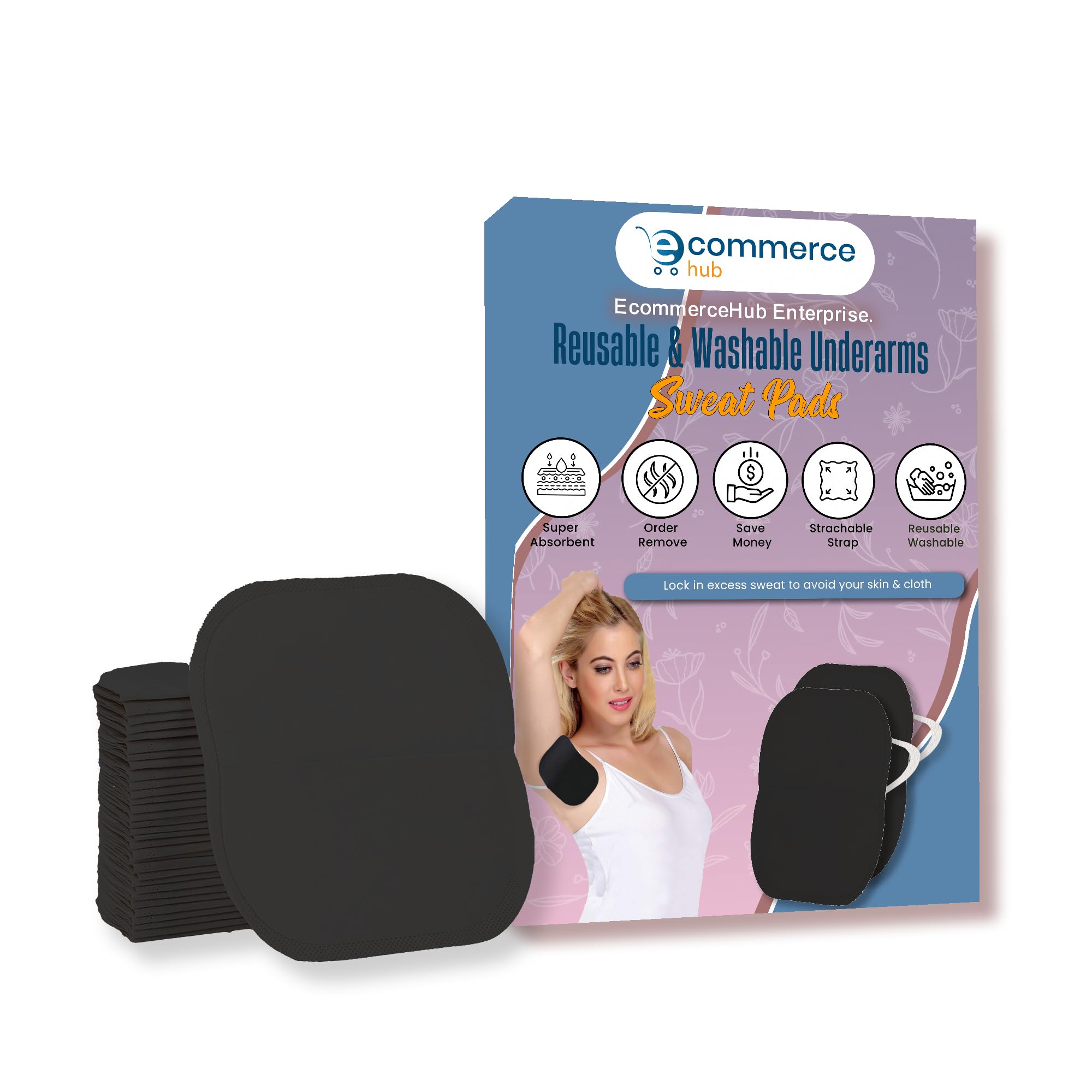 EcommerceHub Reusable Washable Sweat Pad, Pure Cotton Pad with Adjustable Strap, Fit to All, Sweat Absorb Pad, Underarms Sweat Protector, 1 Pair, Black Color (B0D1VXYV1K) Amazon Price History, Amazon Price Tracker