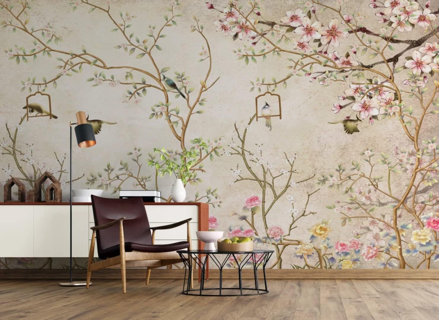 Flowers and Birds On Beige Background Floral Peel and Stick Wallpaper 100''H x 150''W