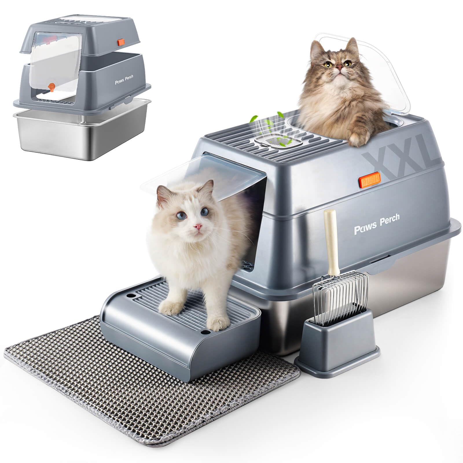 Stainless Steel Metal Cat Litter Box Large Enclosed with Lid, Dog Proof Jumbo Hooded High Sides for Big Cats, Indoor Multi Cat Use - Deep Design & No Smell