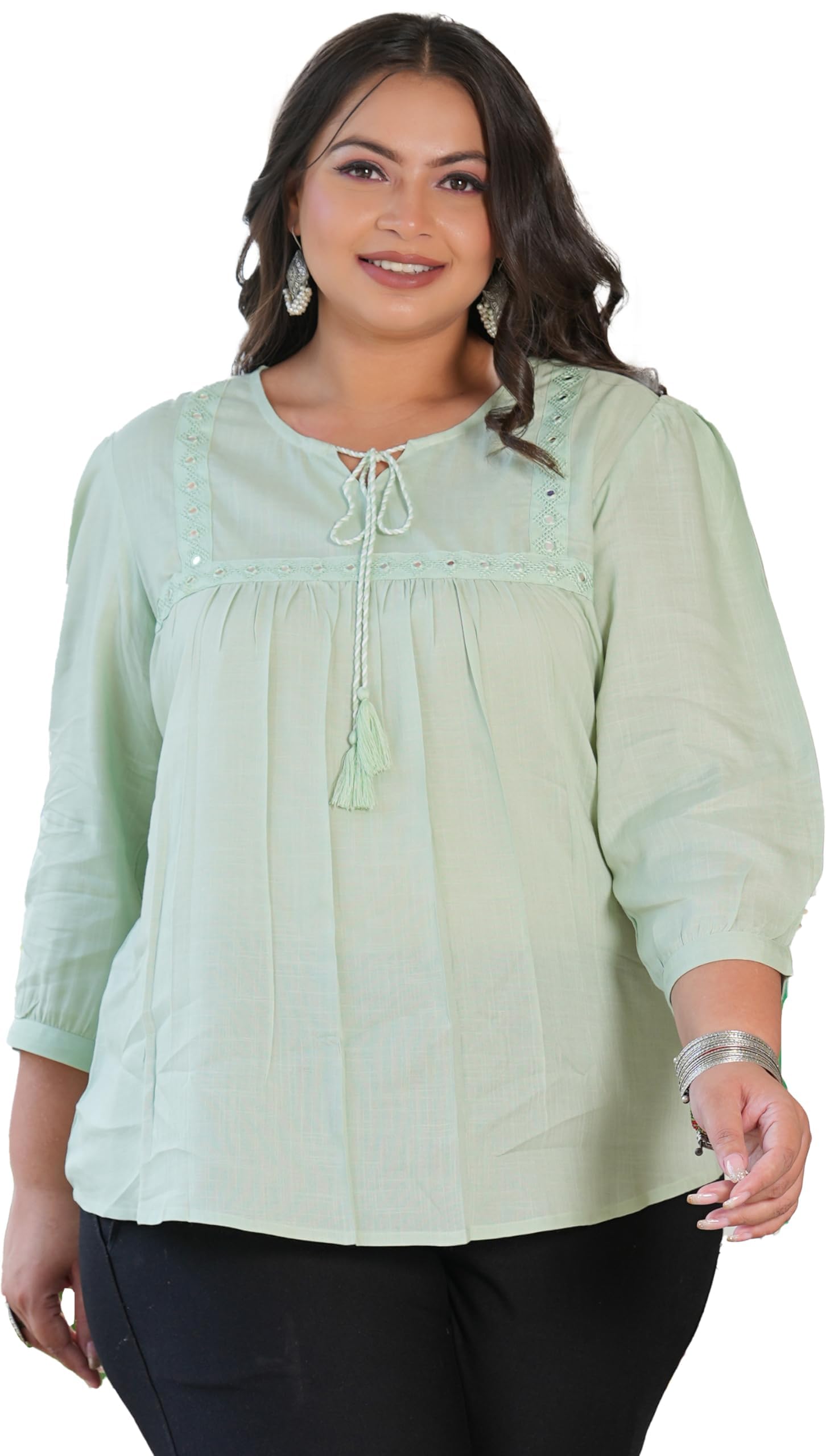 Women’s Pure Cotton Solid Casual Top Round Neck Tunic with Tassel Tie-Up, Pintuck Detailing & 3/4 Sleeves Office Wear & Smart Casual Top for Women-image-17