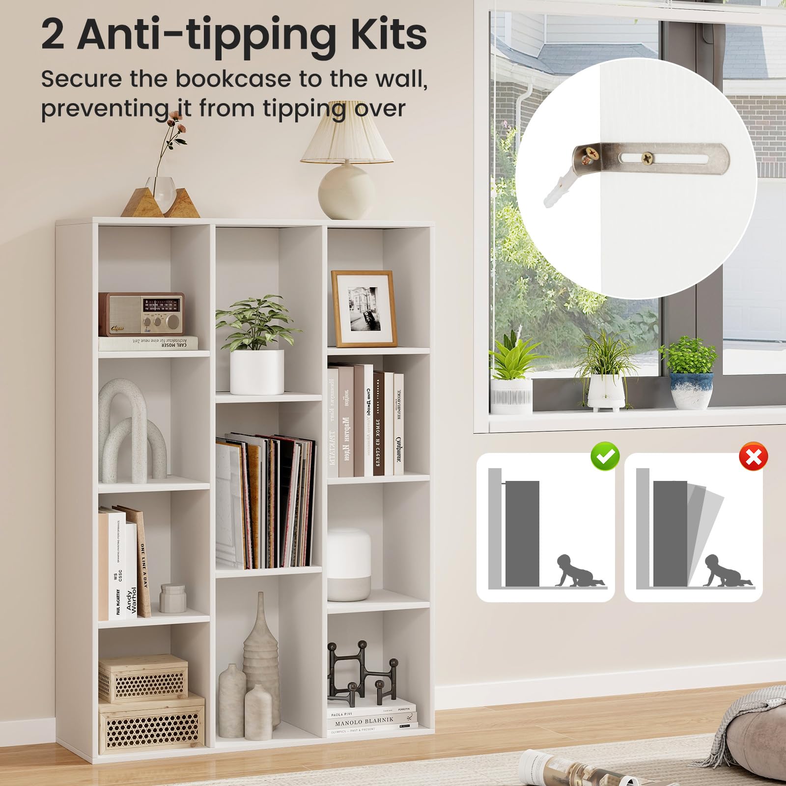 COSTWAY Libreria Geometrica Aperta, Scaffale a 6 Cubi con Kit Anti- Ribaltamento, Mensola Espositiva per Camera da Letto Studio Soggiorno, 80 x 30 x 119 cm (Marrone