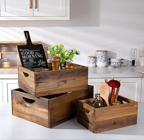 TIMRIS Juego de 3 cajas de madera rústica envejecida, cajas de almacenamiento de madera decorativas de granja, cestas de madera reciclada vintage