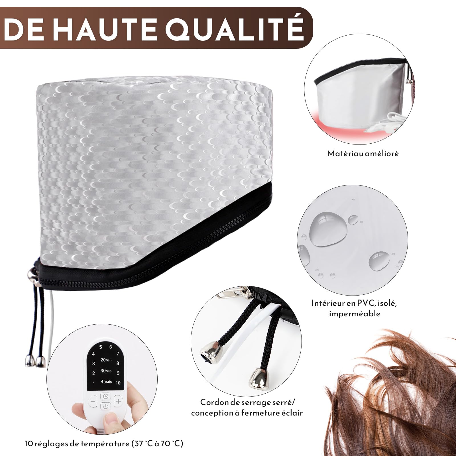 DEWEL Casque chauffant pour cheveux, 10 vitesses casque vapeur cheveux ajustable, Avec contrôle intelligent de la température et minuterie, bonnet chauffant cheveux soin, bonnet chauffant