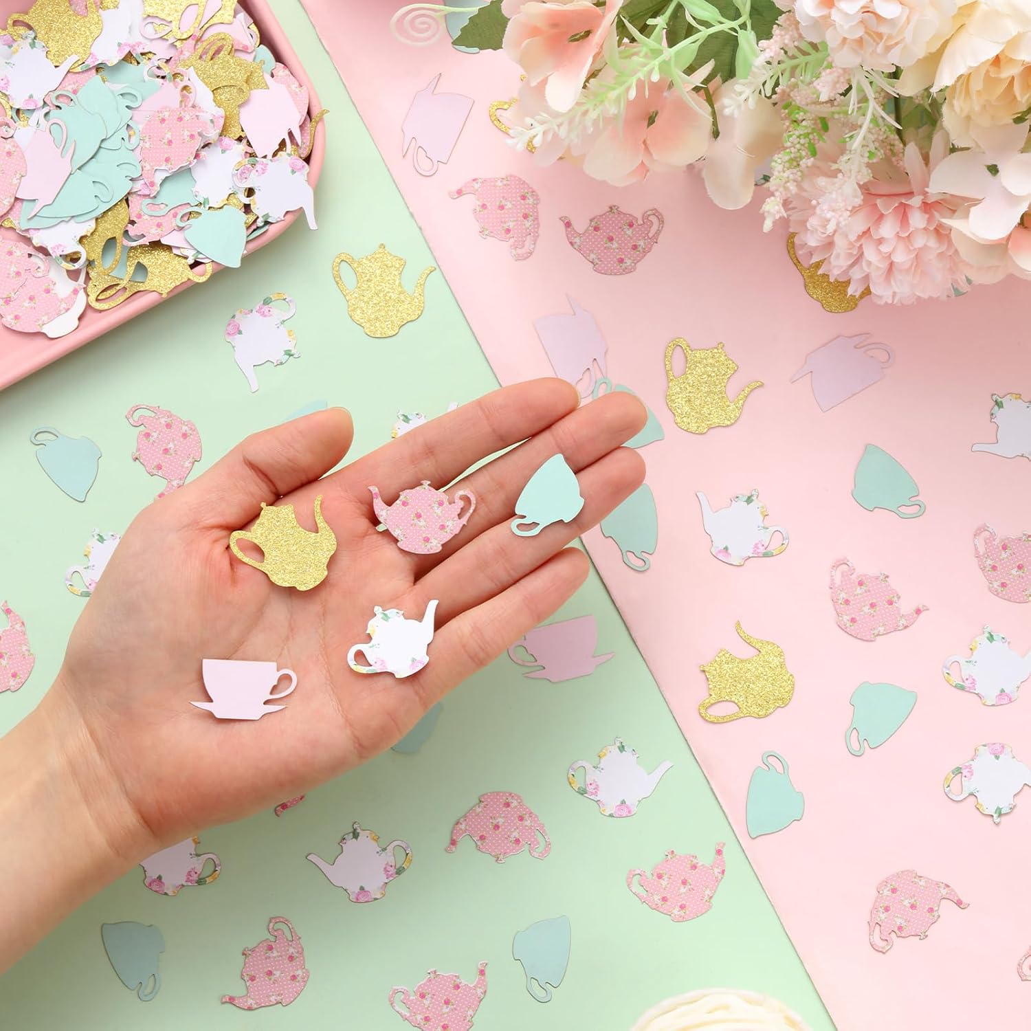 200pcs Tea Party Confetti, Floral Tea Party Decorations Confetti, Teacup Teapot Glitter Confetti for Table Decor, Smash Cake Decor Girls Boys Birthday Garden Themed Party Table Decoration