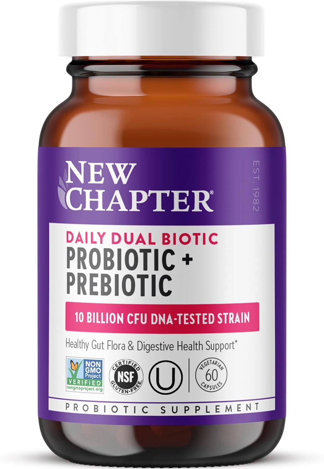 New Chapter Daily Dual Biotic Probiotic + Prebiotic for Digestion & Microbiome Health, 100% Vegan, Soy Free, Non-GMO, 60 Count (2 Month Supply)