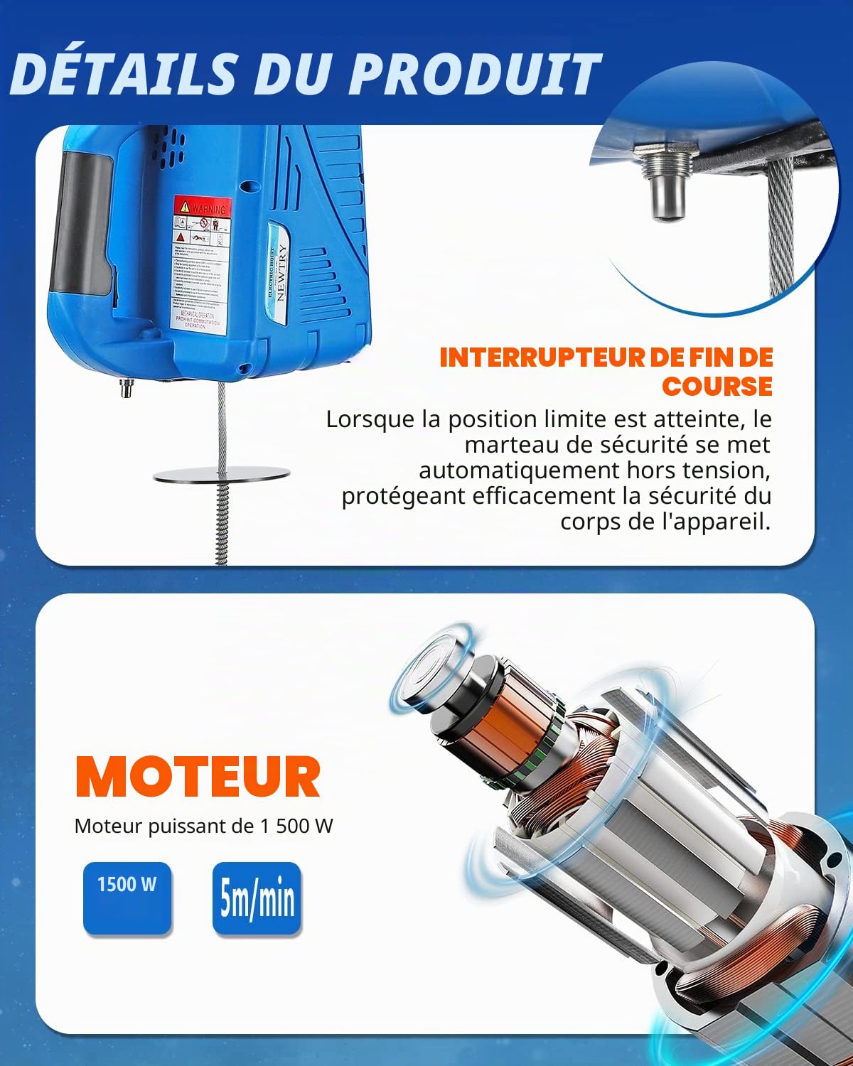 NEWTRY Palan électrique avec Télécommande sans Fil, télécommande à câble,1 500 W Treuil électrique Système De Protection Contre Les Surcharges, Charge Maximale de 300 kg