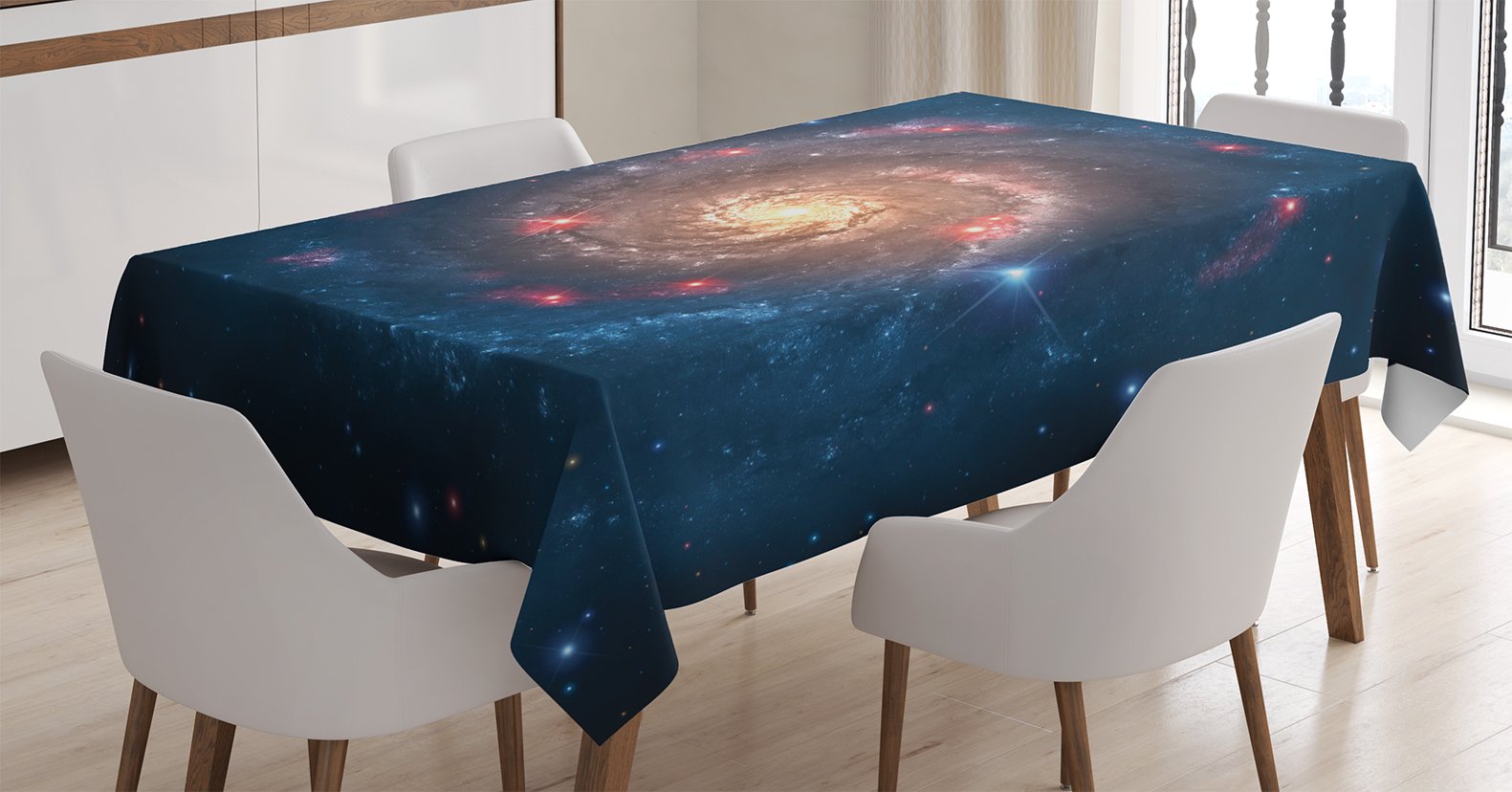 Ambesonne Outer Space Tablecloth, Mystical Spiral Galaxy Expanse Beyond Milky Way Planet Astral Space Art, Rectangular Table Cover for Dining Room Kitchen Decor, 60" X 84", Petrol Blue