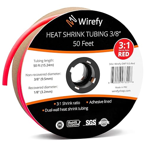 Wirefy - Tubo termorretráctil de 38 pulgadas, relación 31, forro adhesivo, termorretráctil de grado marino, rojo, rollo de 50 pies