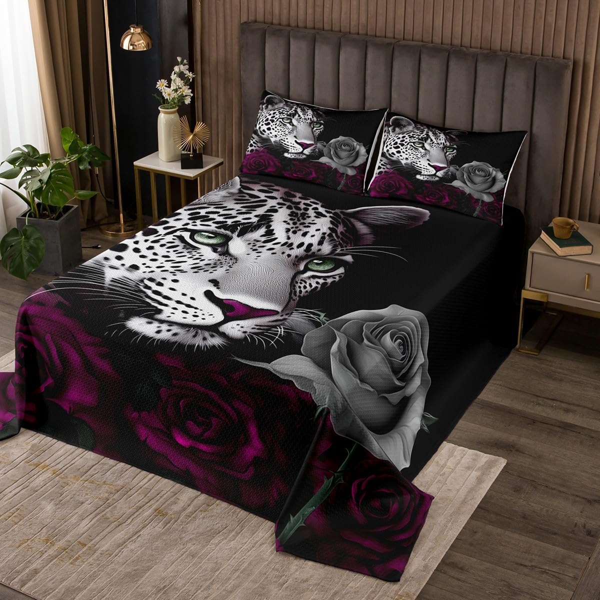 Erosebridal Cheetah Bedspread Twin Size,Leopard Wild Animal Coverlet Set for Kids Child,Pink Rose Flower Bedding Set for Boys Girls,African Animal Wild Safari Theme Quilt Set,Soft Warm Bedroom Decor