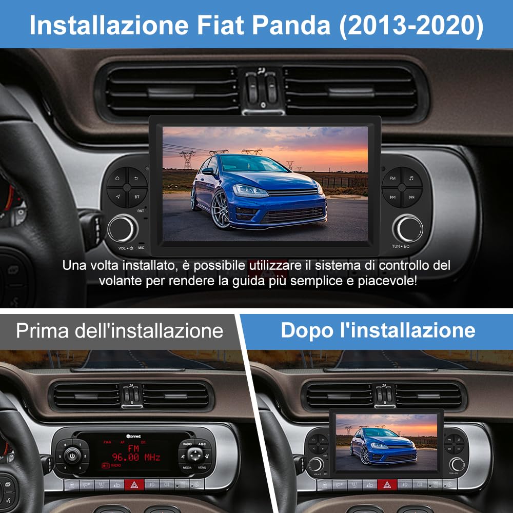 AWESAFE 7 Pollici Autoradio 1 DIN Fiat Panda (2013-2021) Android 13 per Car Radio (2+32GB) con CarPlay Android Auto FM RDS GPS Bluetooth WIFI USB Comandi al volante