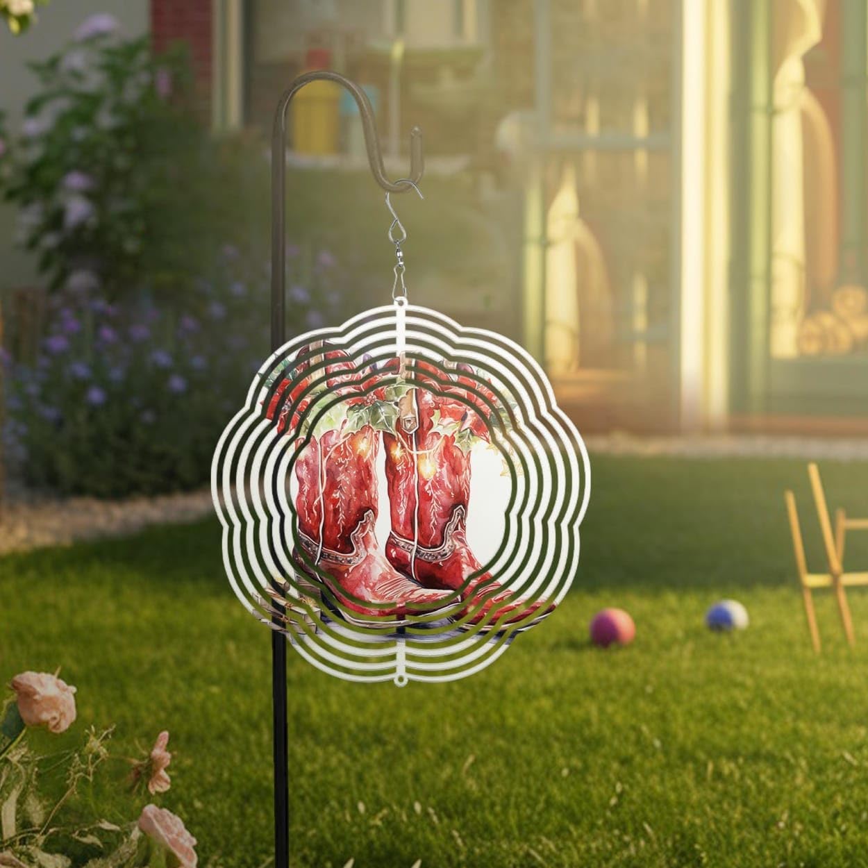 Red Boots Farmhouse Christmas Wind Spinners 3D Stainless Steel Laser Cut Metal Double Sided Printing-Hanging Indoor/Outdoor Decorations Yard Gardening Decor,Metal Kinetic Art 16x16 inches